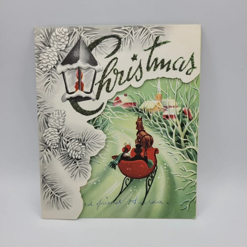 Vintage Religious Christmas Card Horse Drawn Sleigh Scene Glitter Sunshine Line